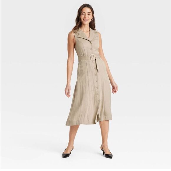 a new day Dresses & Skirts - Women’s-tie-waist-midi-shirtdress-a-new-day khaki Size XL